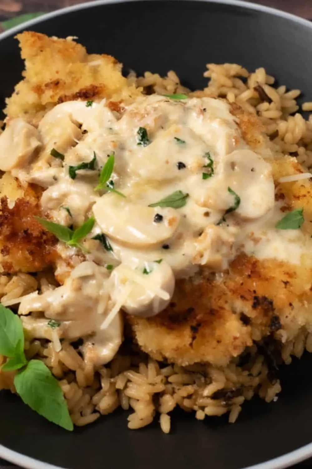 Chicken with Mushroom Parmesan Sauce over rice on a plate.