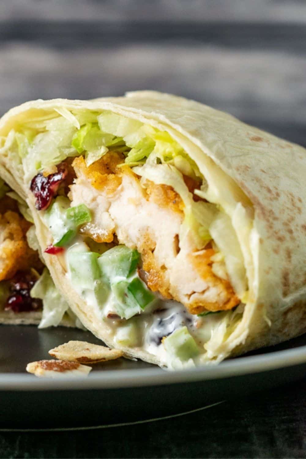 a Cranberry Almond Chicken Salad wrap on a plate.