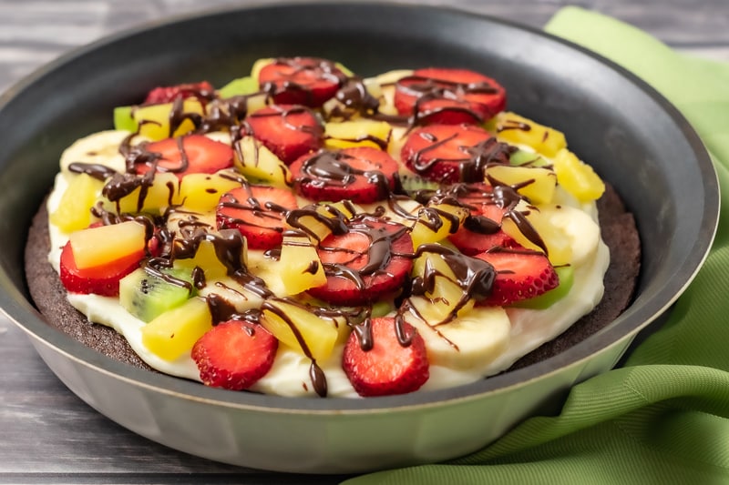 Chocolate Brownie Pizza with Fruit Topping and chocolate drizzle for Two