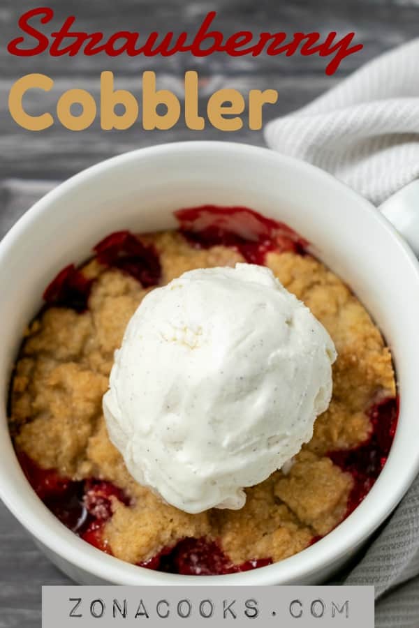a graphic with one dish of strawberry cobbler dessert for two