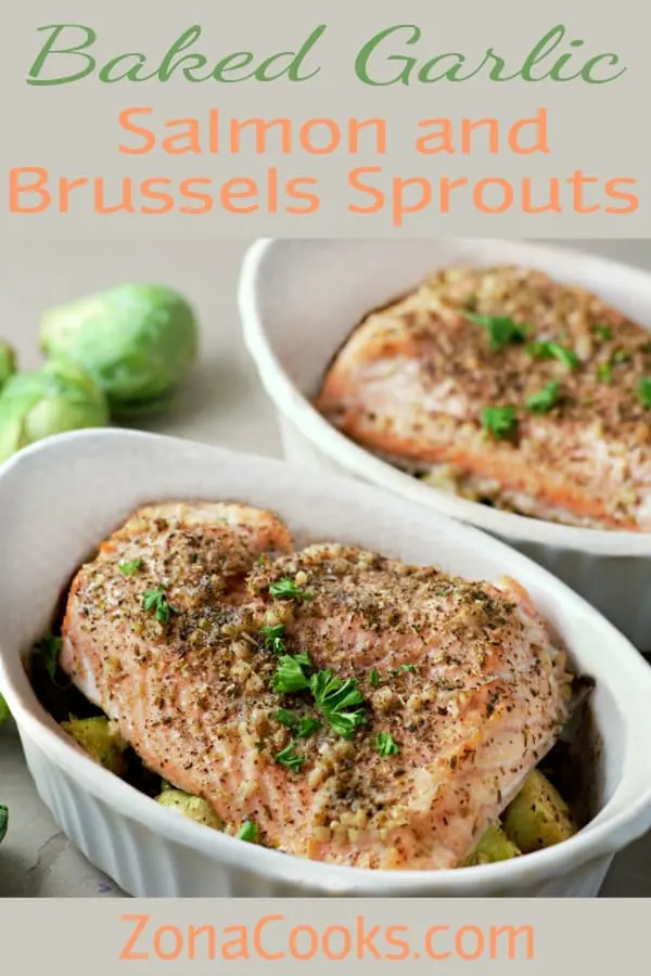 baked garlic salmon and brussels sprouts in individual dishes.