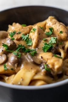 Chicken Stroganoff in a bowl.