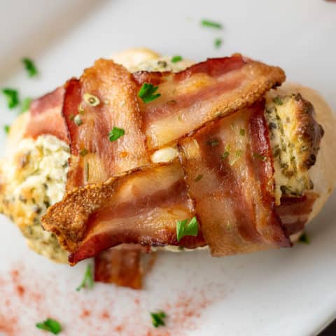 One Bacon Weave Cream Cheese Chicken on a plate