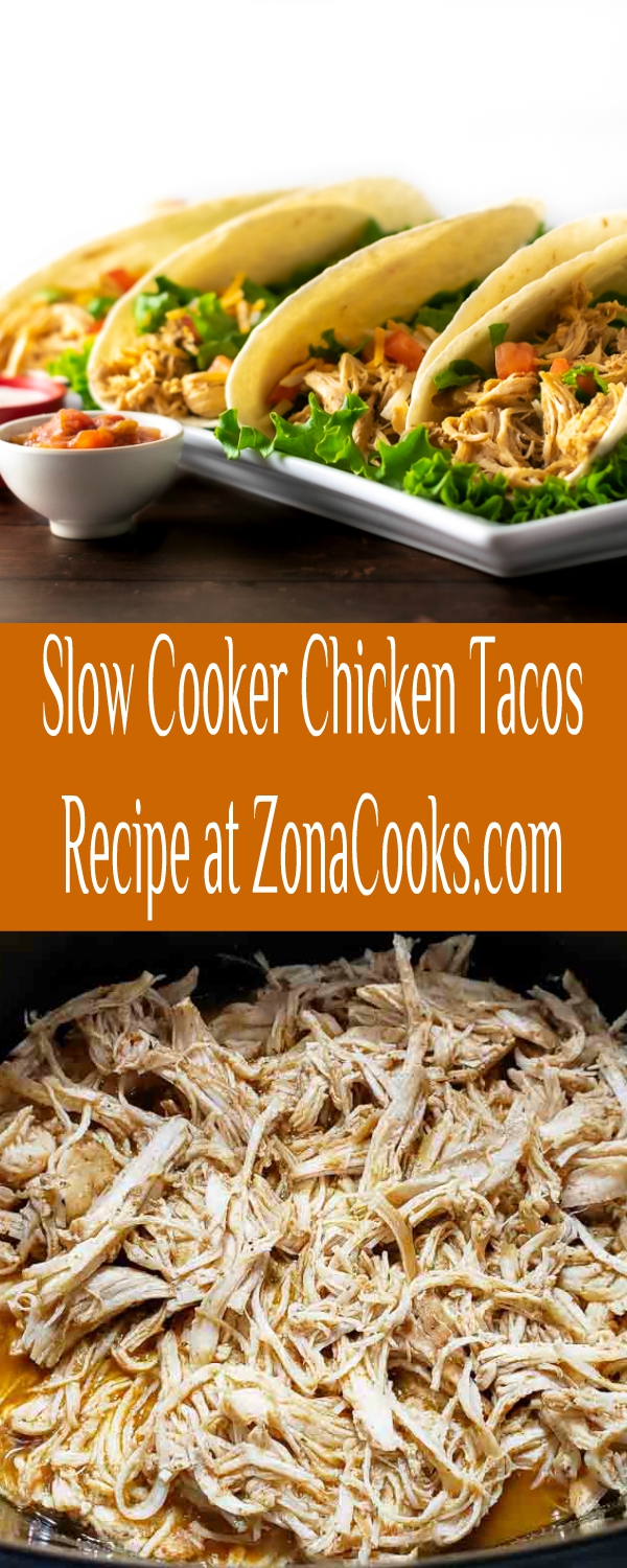 chicken tacos on a platter and shredded chicken in a crockpot.