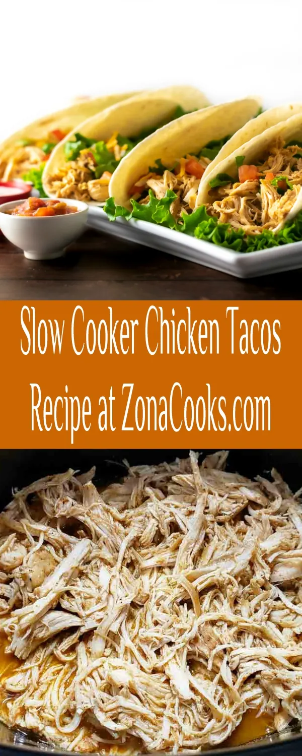 chicken tacos on a platter and shredded chicken in a crockpot.