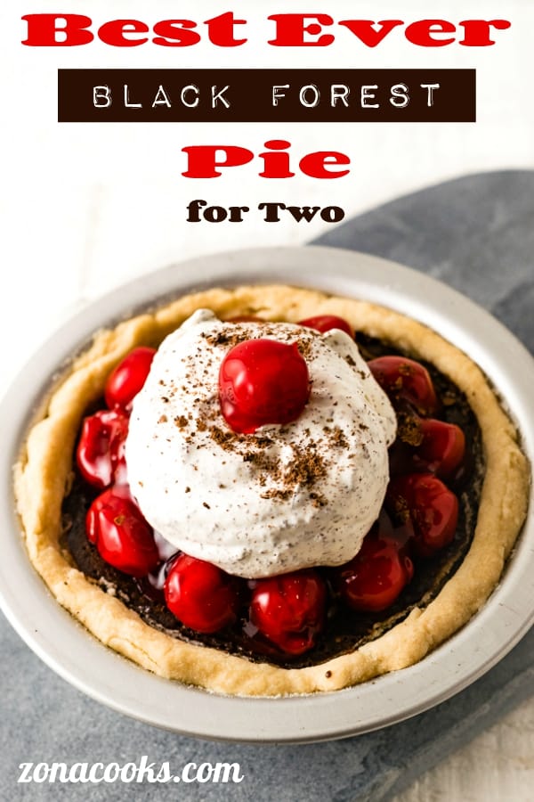 a graphic of best ever black forest pie for two.
