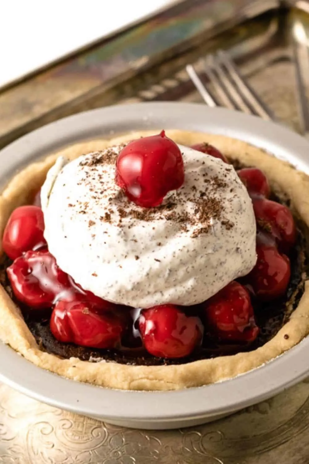 Black Forest Pie in a small pie pan.