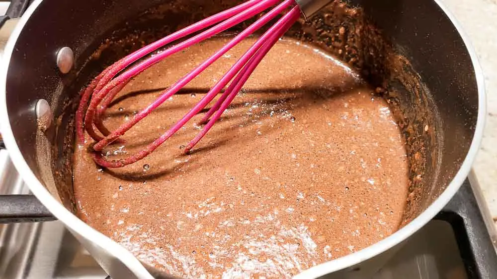 sugar, cocoa and flour whisked in a sauce pan.