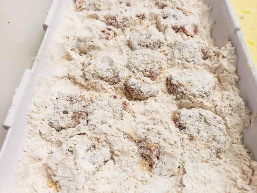 steak cubes dredged in flour mixture a second time