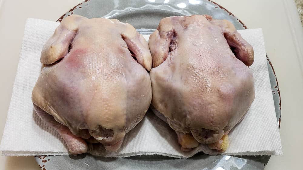 two cornish hens on a paper towel