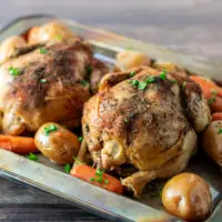 Crockpot Cornish Hens and Veggies on a serving platter