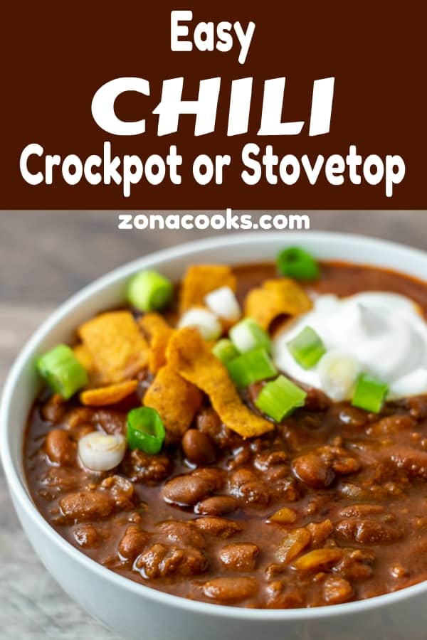 a graphic of easy chili crockpot or stovetop