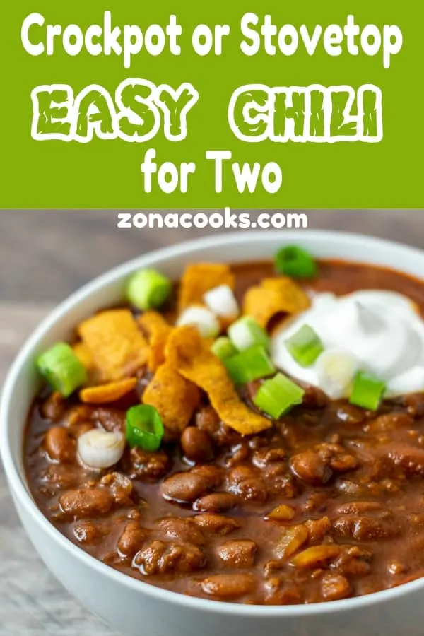 crockpot or stovetop easy chili for two in a bowl.