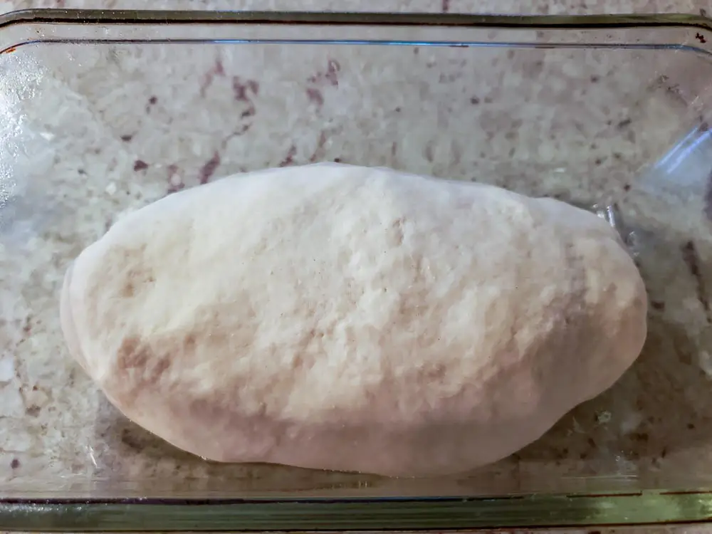 bread dough shaped into a loaf in a loaf pan.