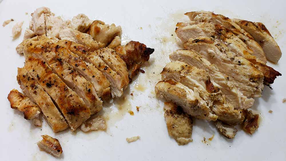 grilled chicken filets cut into slices.