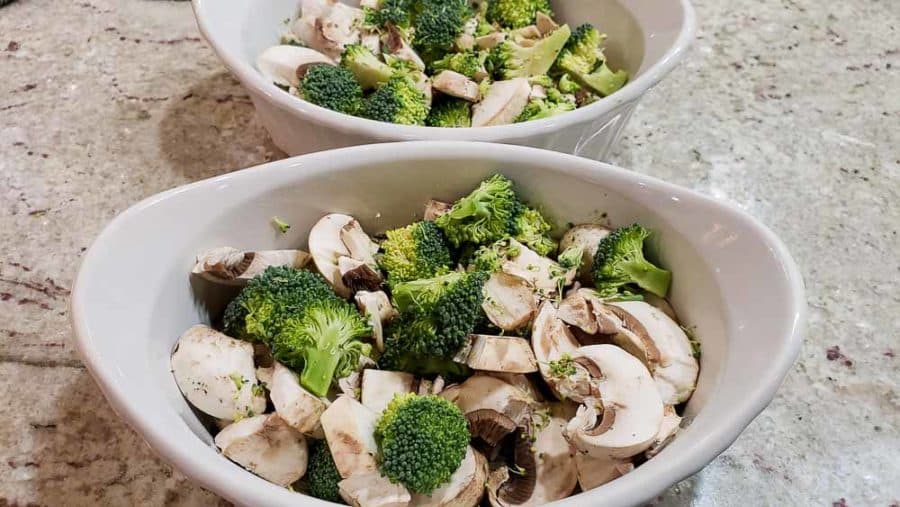 mushrooms and broccoli layered in two dishes