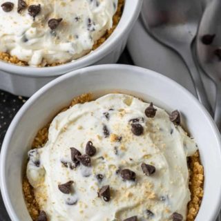 No Bake Chocolate Chip Cheesecakes in ramekin dishes.