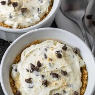 No Bake Chocolate Chip Cheesecakes in ramekin dishes.