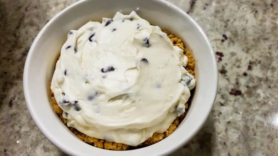 No Bake Chocolate Chip Cheesecake in a ramekin