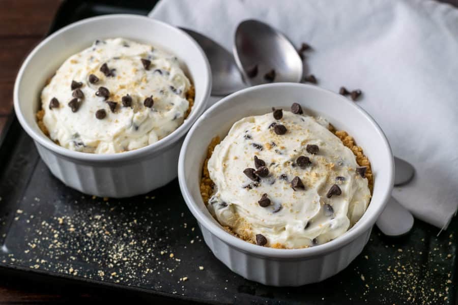 No Bake Chocolate Chip Cheesecake Dessert on a tray