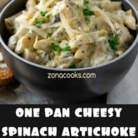 One Pan Cheesy Spinach Artichoke Chicken Pasta Dinner for Two • Zona Cooks