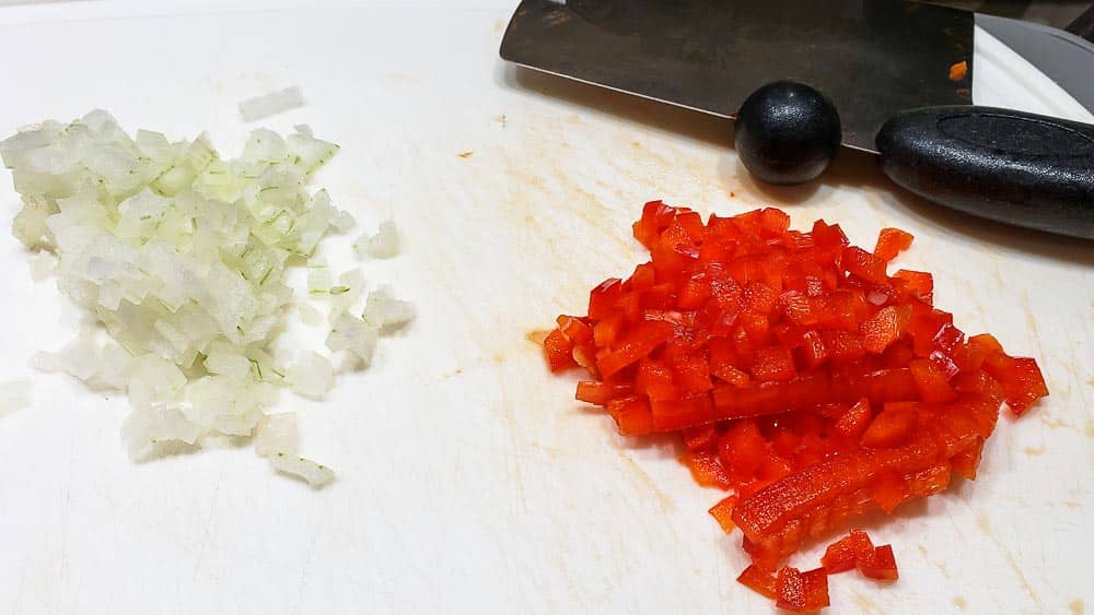 finely diced onion and red pepper.