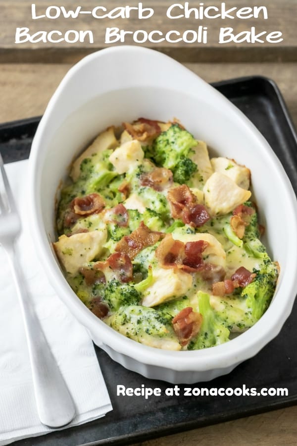 a graphic of Low-carb Chicken Bacon Broccoli Bake on a tray