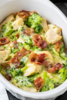 Chicken Bacon Broccoli Bake in a casserole dish.