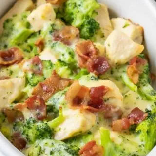 Chicken Bacon Broccoli Bake in a casserole dish.