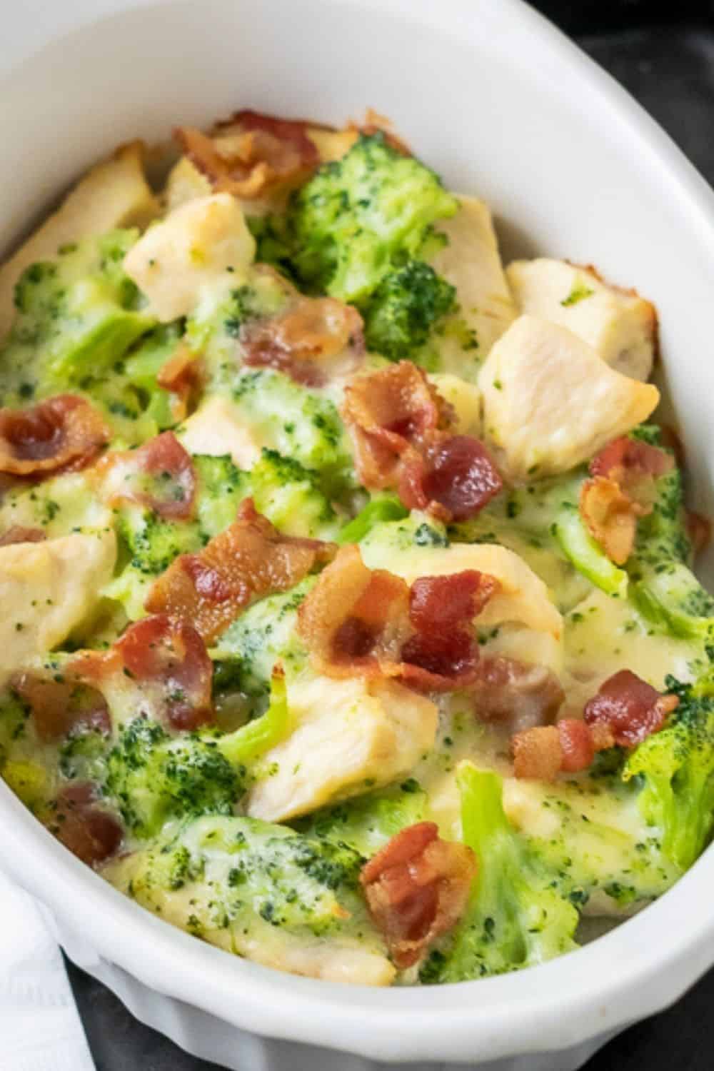 Chicken Bacon Broccoli Bake in a casserole dish.