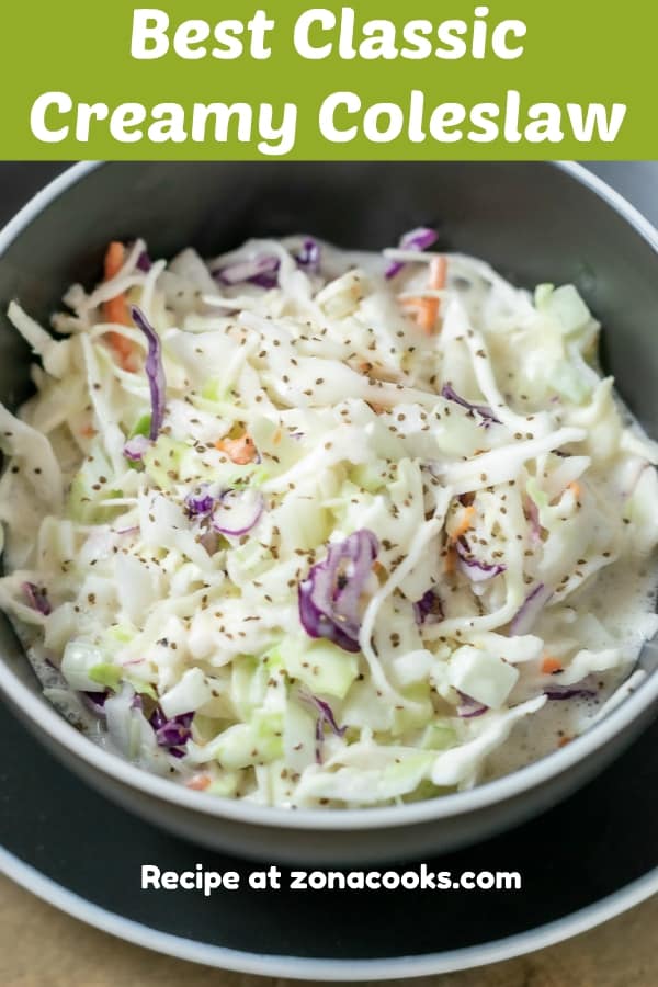a graphic of best classic creamy coleslaw in a bowl.