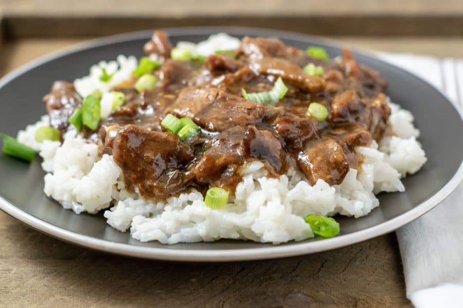 one plate filled with mongolian beef and rice