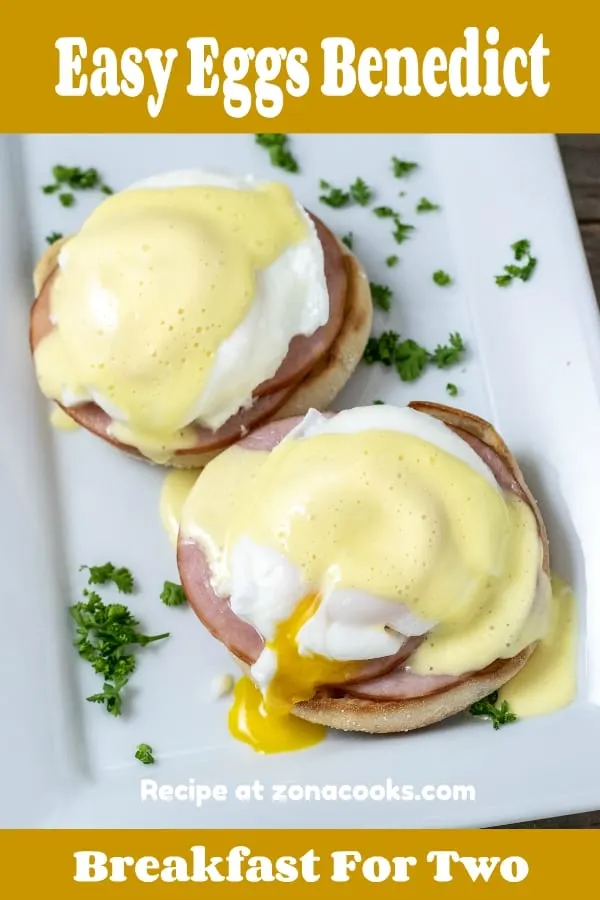 a graphic of Easy Eggs Benedict on a platter a breakfast for two.