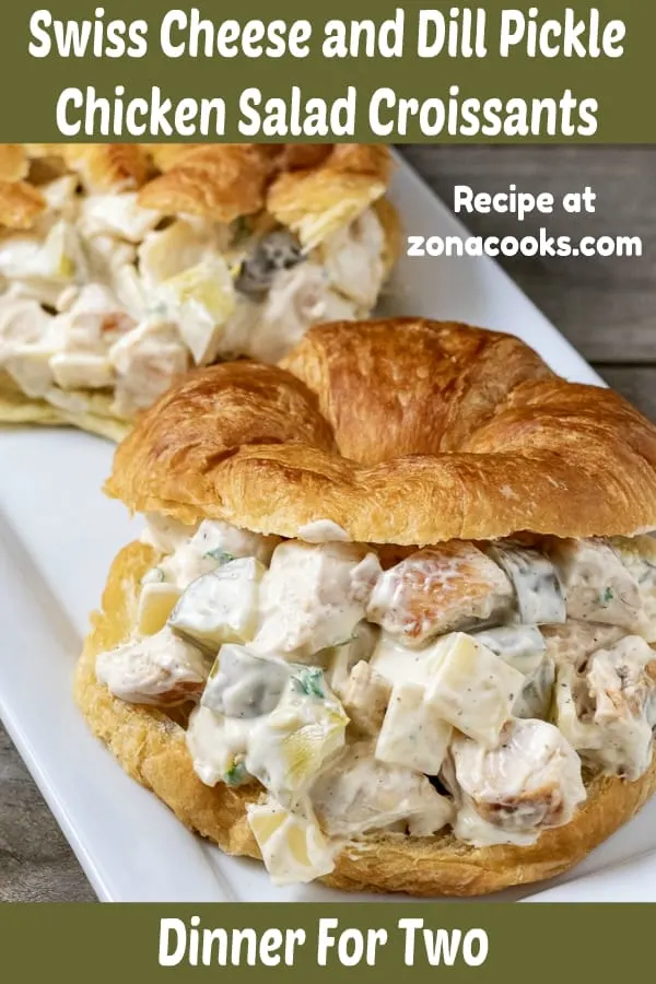 a graphic with two chicken salad croissant sandwiches on a platter saying dinner for two.