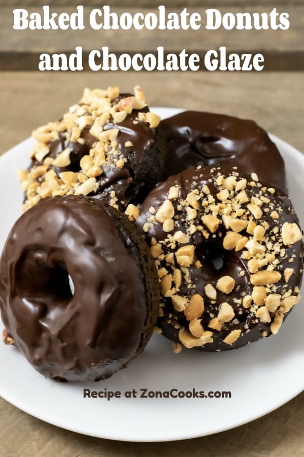 a graphic with 4 Baked Chocolate Donuts with Chocolate Glaze, and some with nuts, on a plate.