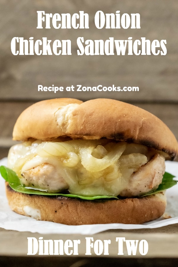 a graphic of a french onion chicken sandwich dinner for two on a crumpled paper