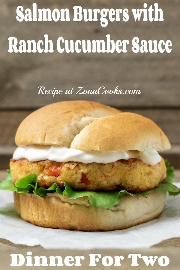 a graphic of Salmon Burgers with Ranch Cucumber Sauce Dinner for Two with a front view of the sandwich.