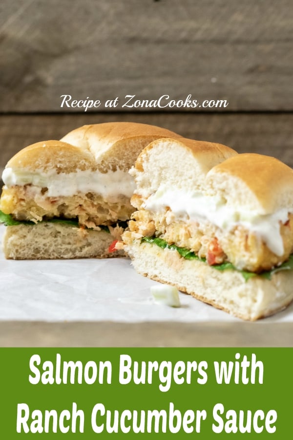 a graphic for Salmon Burgers with Ranch Cucumber Sauce with the sandwich cut open.