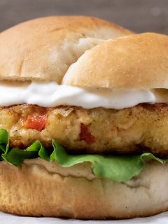 a close up front view of a salmon burger