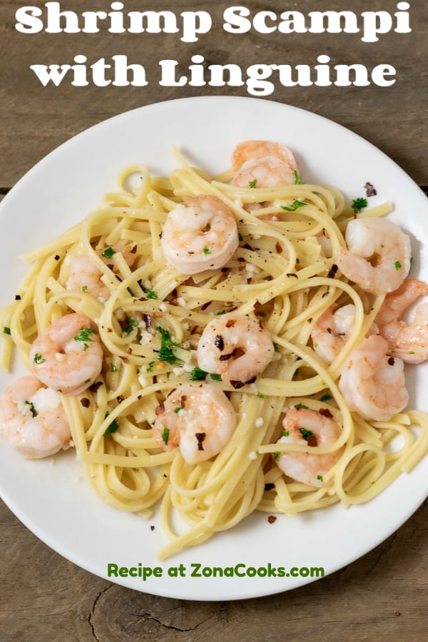 a graphic of Shrimp Scampi with Linguine top down view
