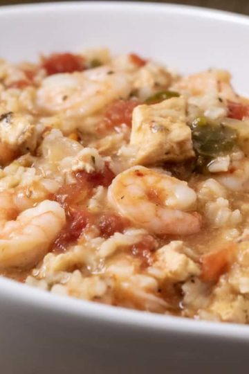 crockpot jambalaya served in a white dish