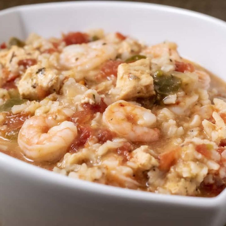 crockpot jambalaya served in a white dish