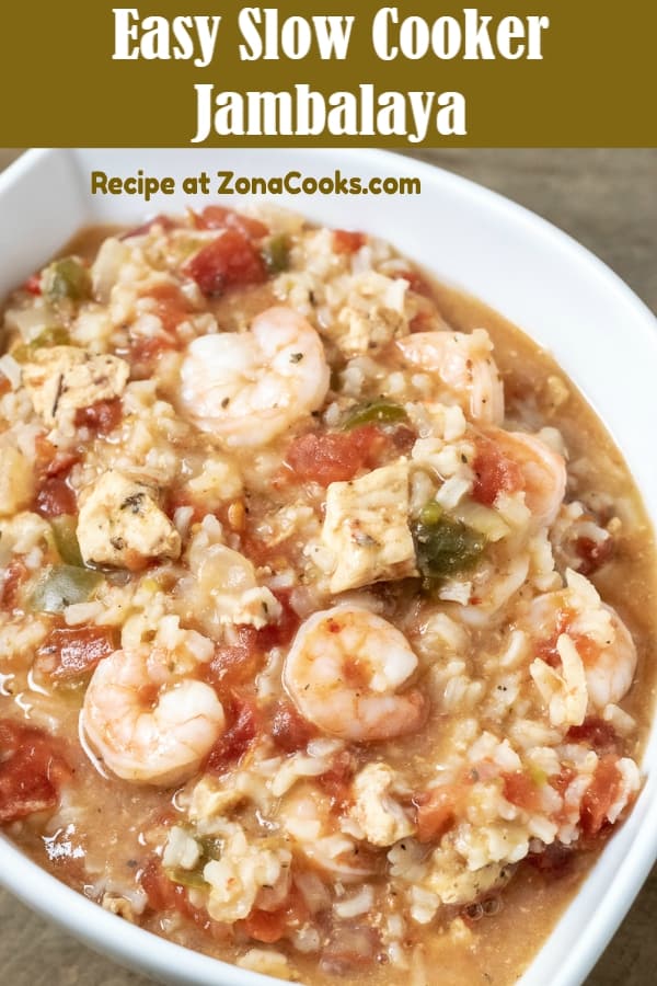 a graphic of Easy Slow Cooker Crockpot Jambalaya for two with chicken, shrimp, and rice in a white dish.