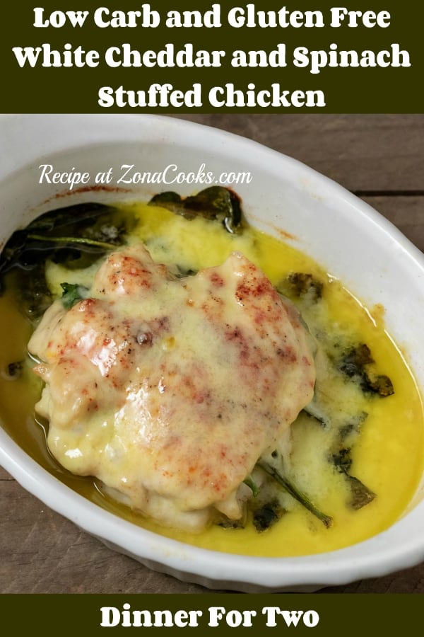 a graphic of White Cheddar and Spinach Stuffed Chicken dinner for two in a baking dish.