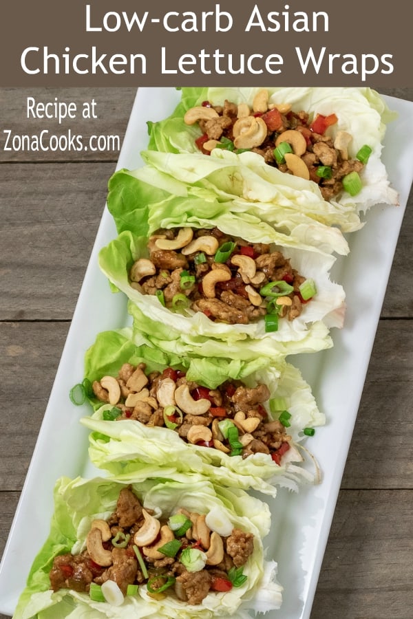 a graphic of easy and healthy Low Carb Asian Lettuce Wraps top down view of 4 wraps on a platter.