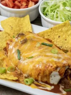 a large wet burrito on a platter with tortilla chips and sides of diced tomato and shredded lettuce