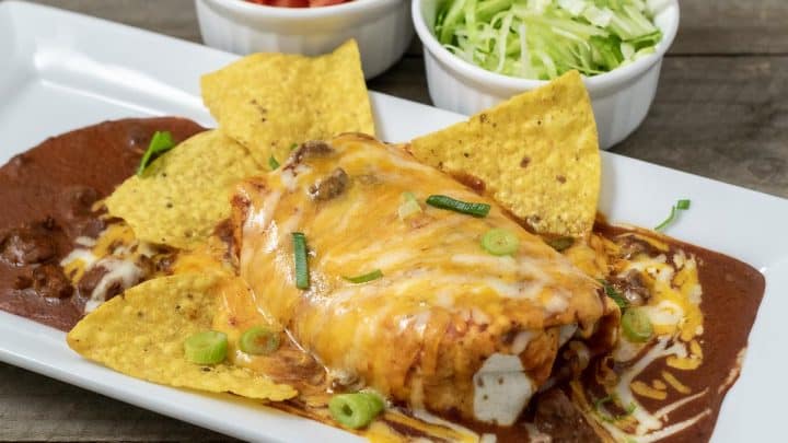 a large wet burrito on a platter with tortilla chips and sides of diced tomato and shredded lettuce