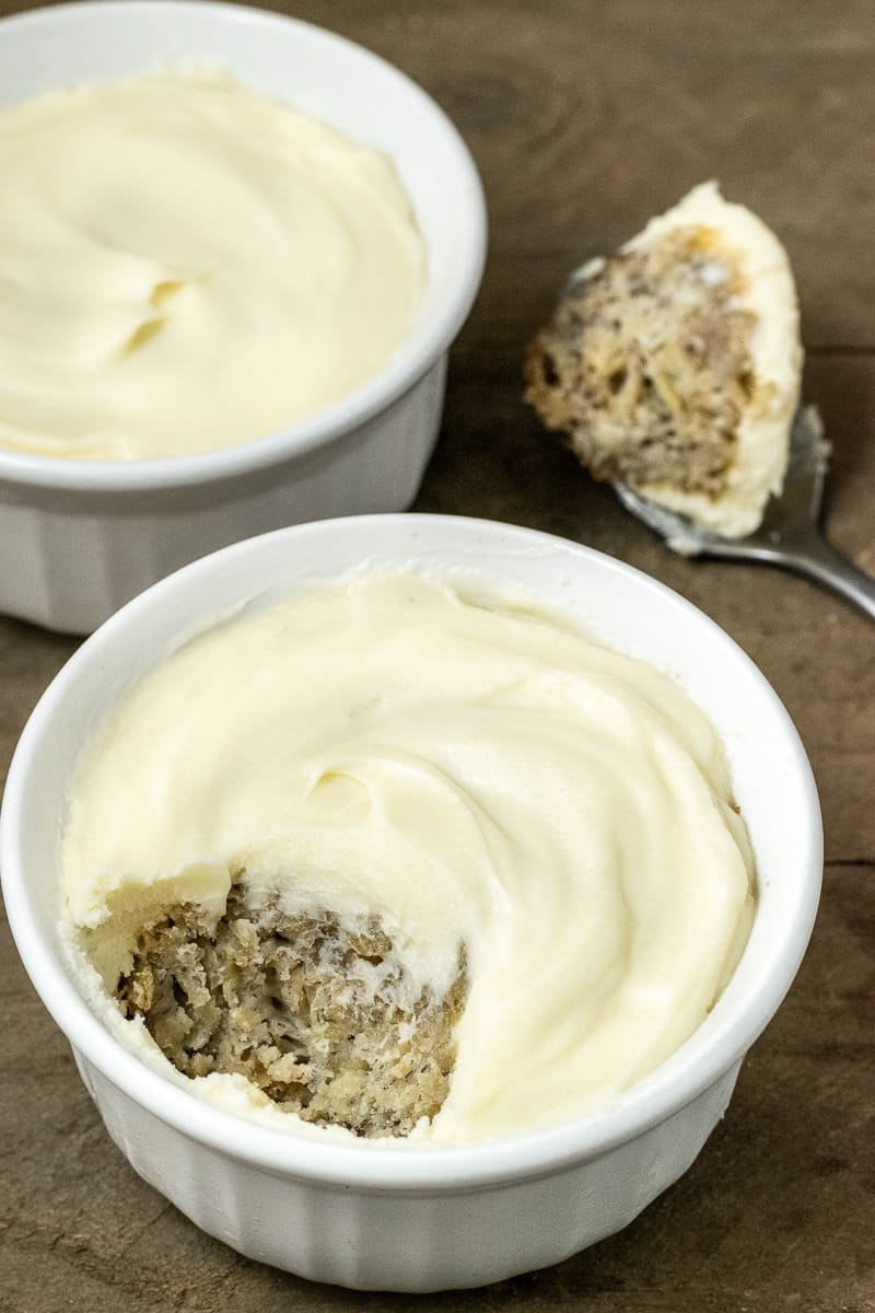 two Mini Banana Cakes in ramekin dishes.