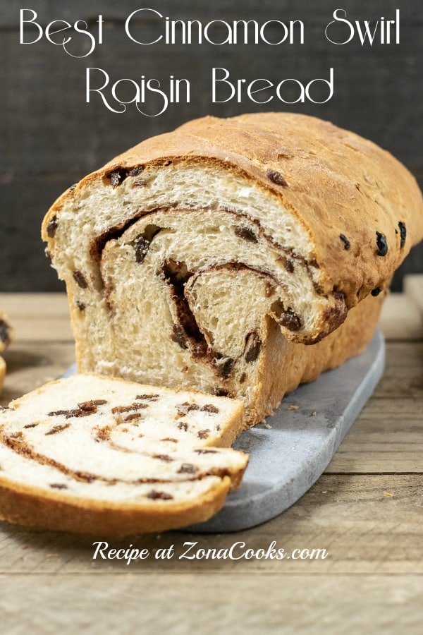 a garphic of Homemade Cinnamon Swirl Raisin Bread on a cutting board with one slice cut and laying down.
