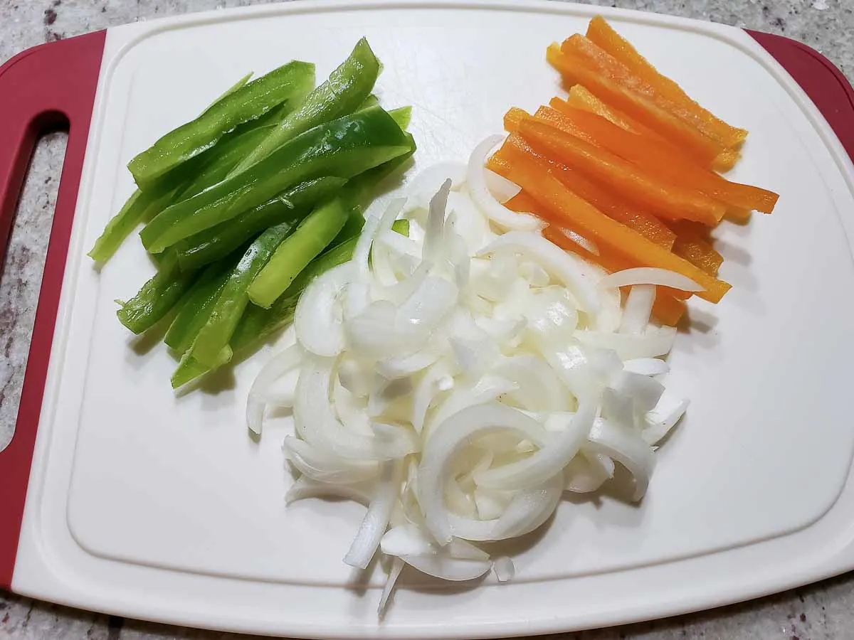 sliced bell peppers and onion.
